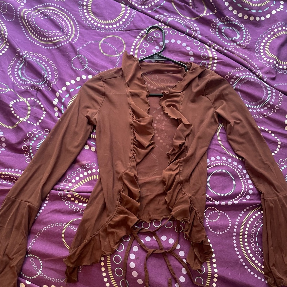 Brown Ruffled Sheer Blouse - Picture 2 of 3